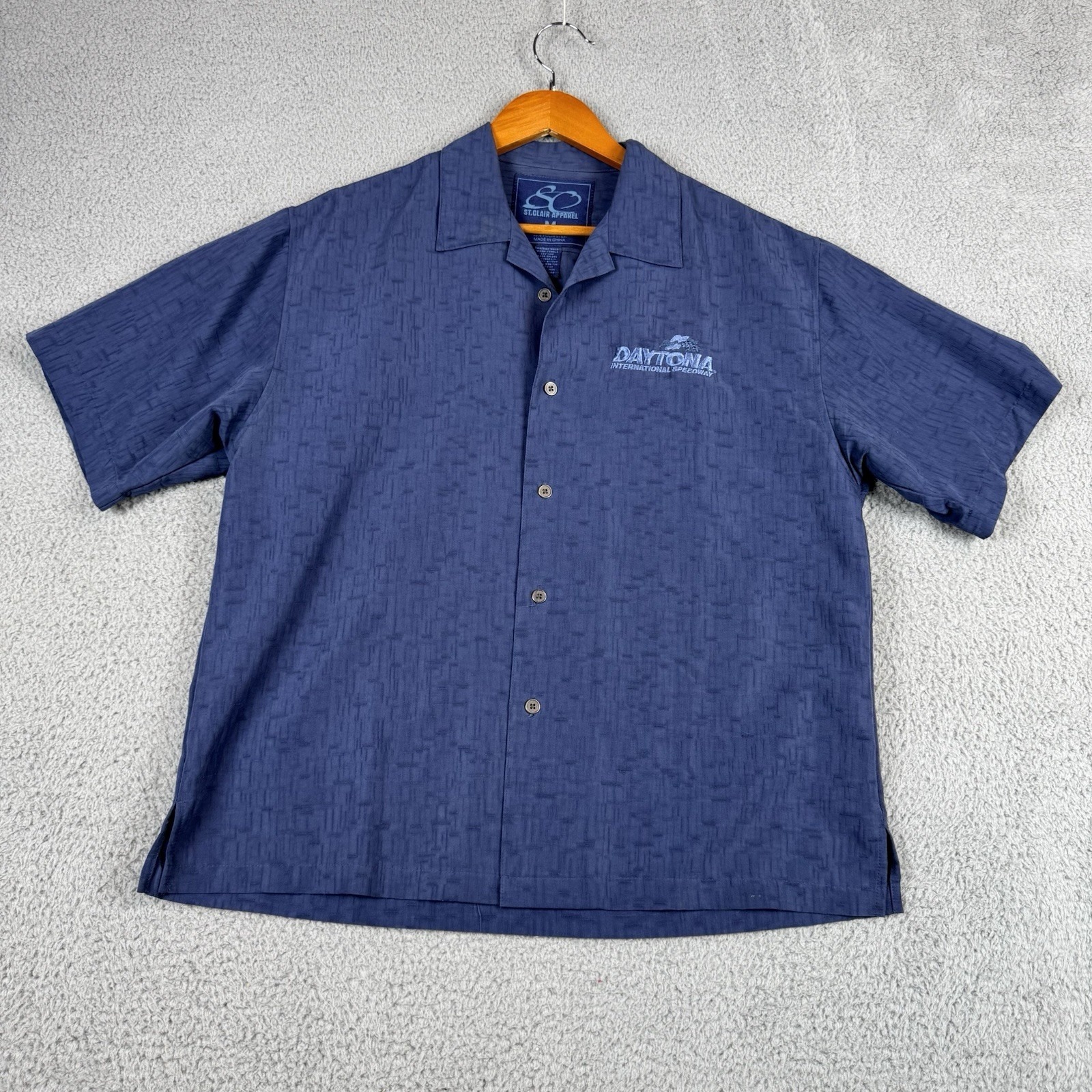 Daytona Speedway Shirt Mens Medium Blue St Clair Apparel Button Down Rayon Blend